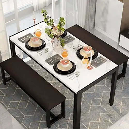 Dining Room Table Set with 2 Benches, Dining  for 4-6, Dinner Table Set for 4, Faux Marble Breakfast