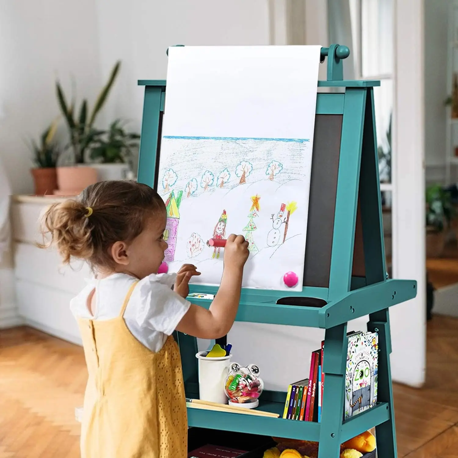 Easel for Kids, 3 in 1 Wooden Standing Art Easel with Double Sided Drawing Board, Chalkboard and Magnetic Whiteboard