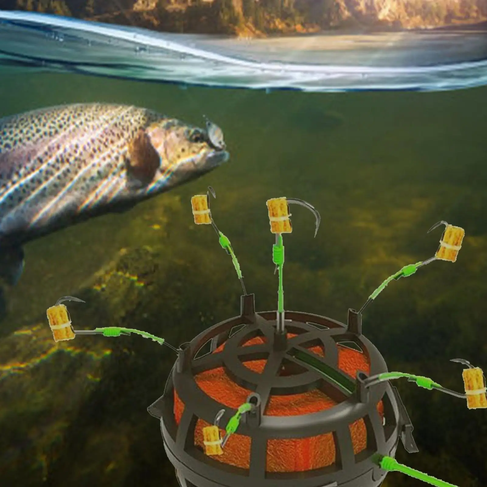 Ganchos de pescado, jaula de cebo flotante, 6 ganchos, aparejos profesionales giratorios de 360 grados para bagre, Tilapia, carpa, aventuras, hombres, marido, papá