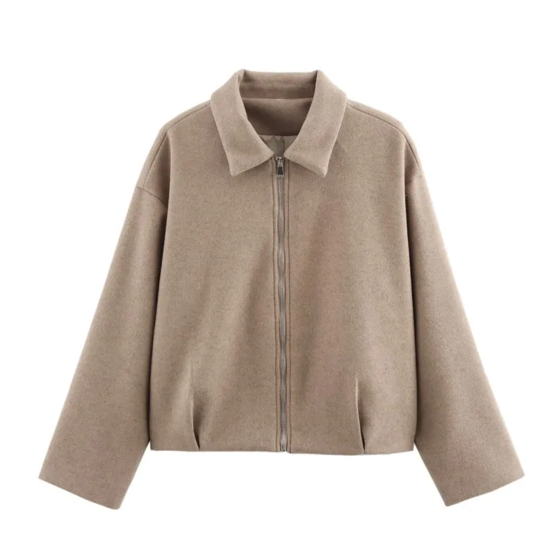 

Мягкое шерстяное повседневное однотонное пальто на молнии, теплая ветрозащитная верхняя одежда, топы, осень 202, женская повседневная короткая куртка с воротником