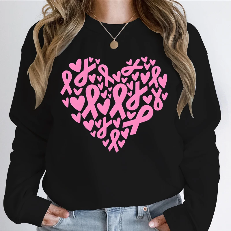 Breast Cancer Awareness Heart Design Sweater Women Fighting Cancer Pink Ribbon Sweatshirts Skeletons Cancer Awareness Hoodies