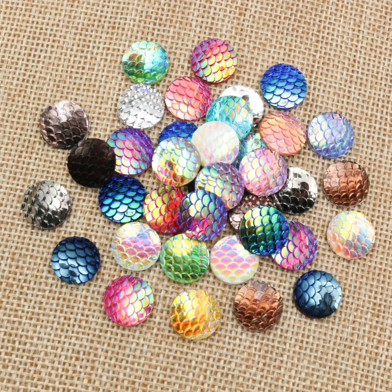 40pcs 8mm 10mm 12mm Mix Colors Mermaid Fish Scale Flat back Rhinestone Round Cabochon Embellishment Scrapbooking DIY Crafts