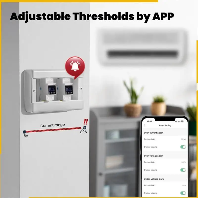 A93P Tuya Wifi Smart Circuit Breaker 80A-Alarm Threshold Set Electricity Monitor V0 Fireproof Retardant APP Control