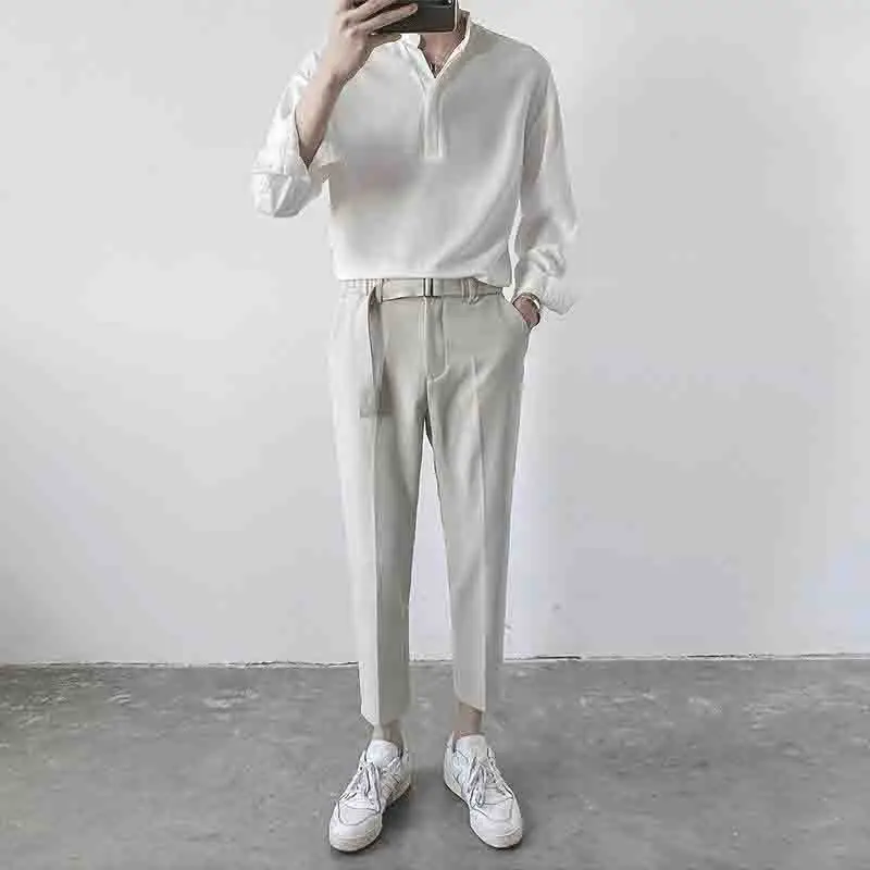 Summer Long Sleeve Men Stand Collar T Shirts All-match Fashion Business Casual Harajuku Oversized Clothes Black White Gray Green