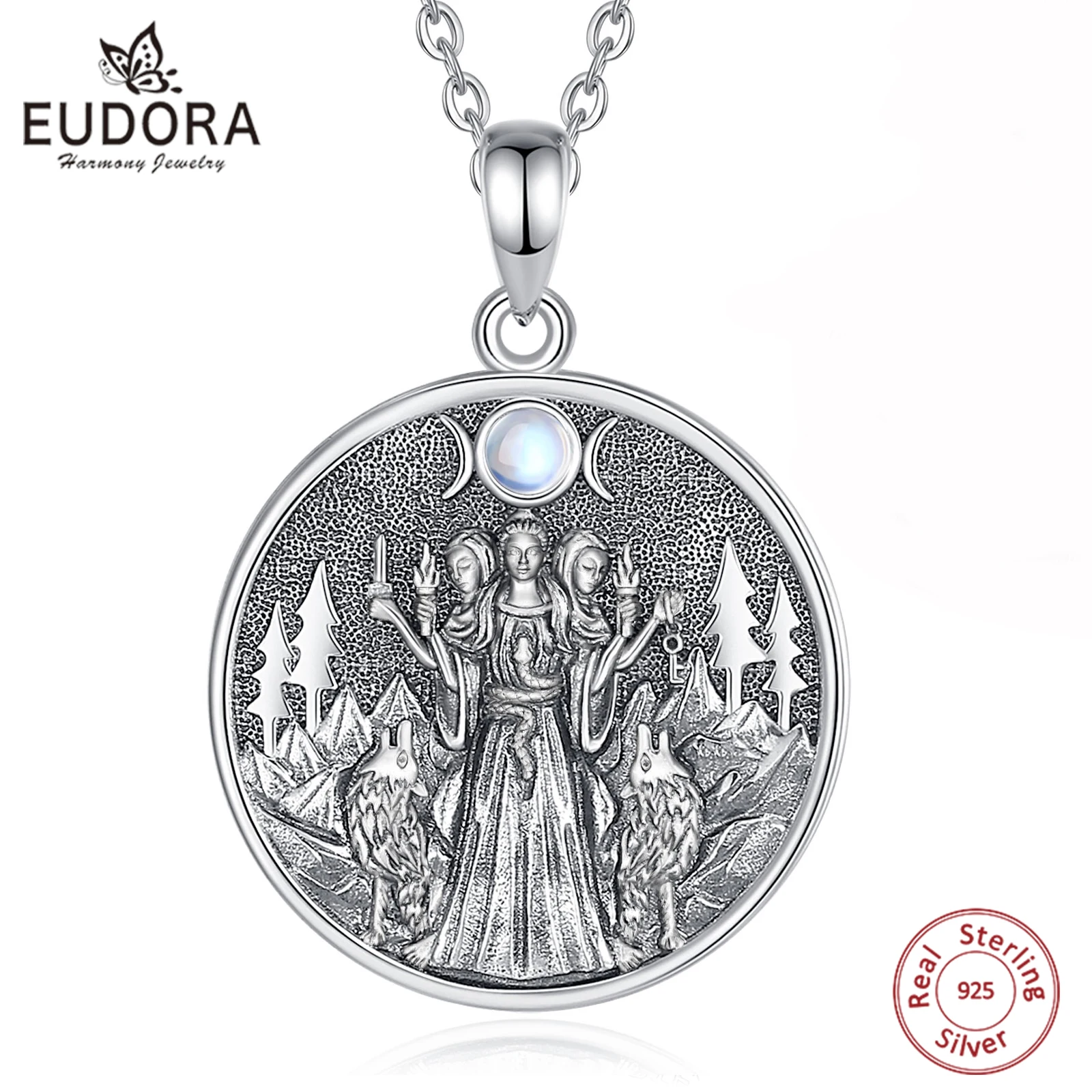 Eudora 925 Sterling Silver Hecate Dog Necklace Triple Moon Goddess Amulet Pendant Moonstone Triple Goddess Jewelry Women Gift