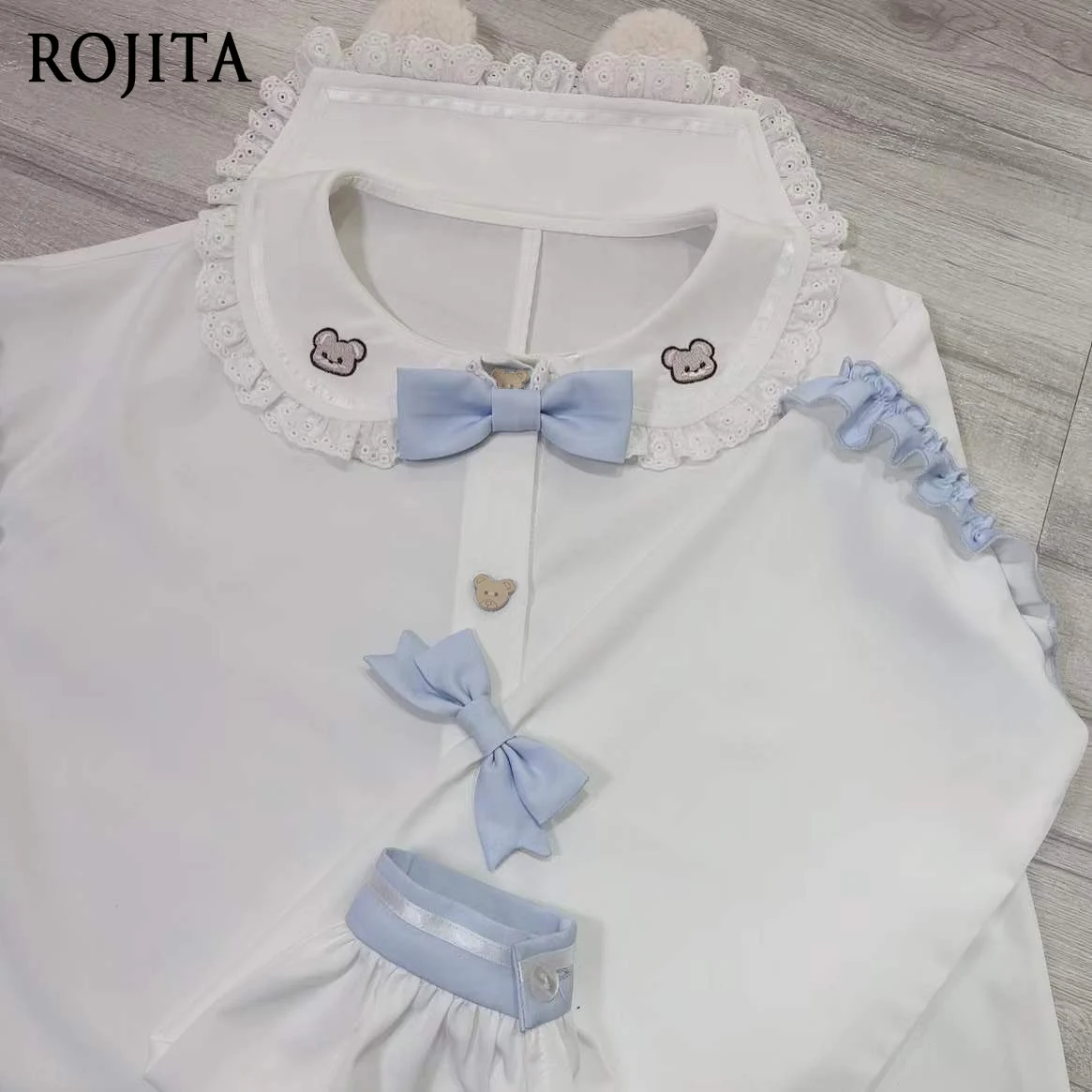 Cartoon Bear Embroidered Long Sleeve White Shirt Women Sweet Doll Collar Lolita Shirt Bear Ears Single Breasted Shirt Tops