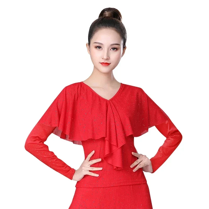 Elegante V-Ausschnitt Rüschen plissierte Tanz oberteile für Frauen einfarbige Slim Fit 3D-Kurve Langarm Latin Ballsaal moderne Tanz kleidung