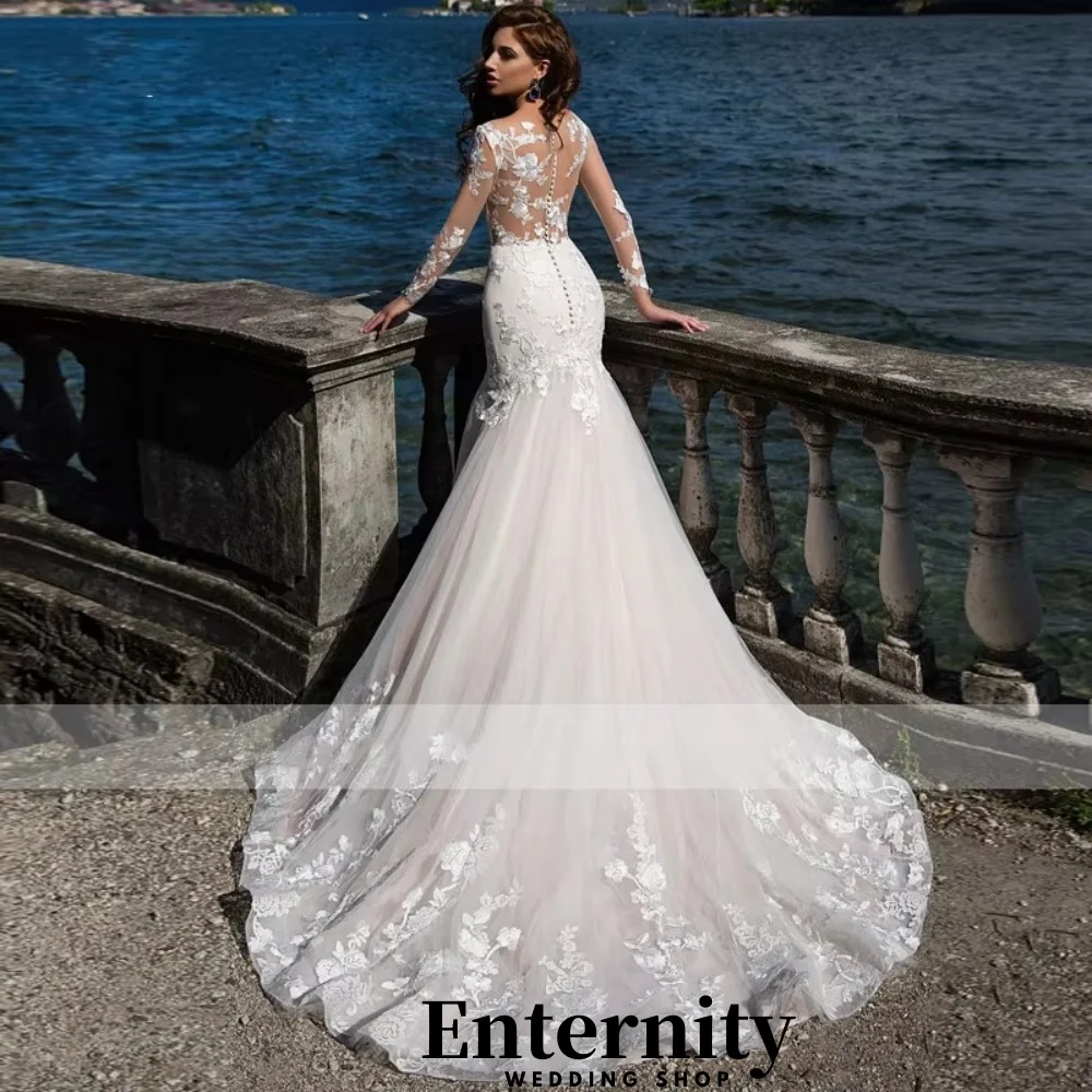 Customized Elegant Lace Applique Wedding Dress Exquisite Long Sleeve Tulle Bridal Gown Mermaid Wedding Gown Vestidos De Novia