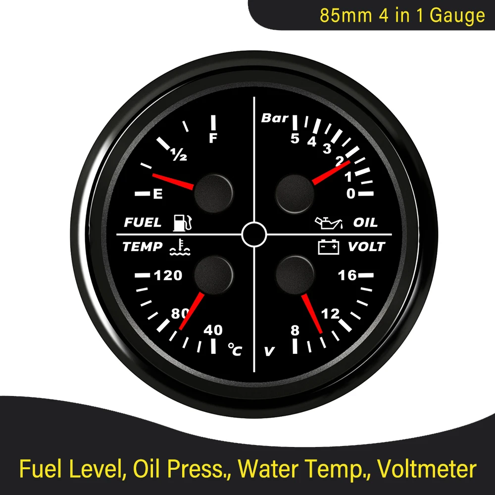 Universal 4 in 1 Multi-function 85mm Gauge 0-80Psi Oil Pressure Fuel Level 100-250℉ Water Temp 8-16V Voltmeter Red Backlight