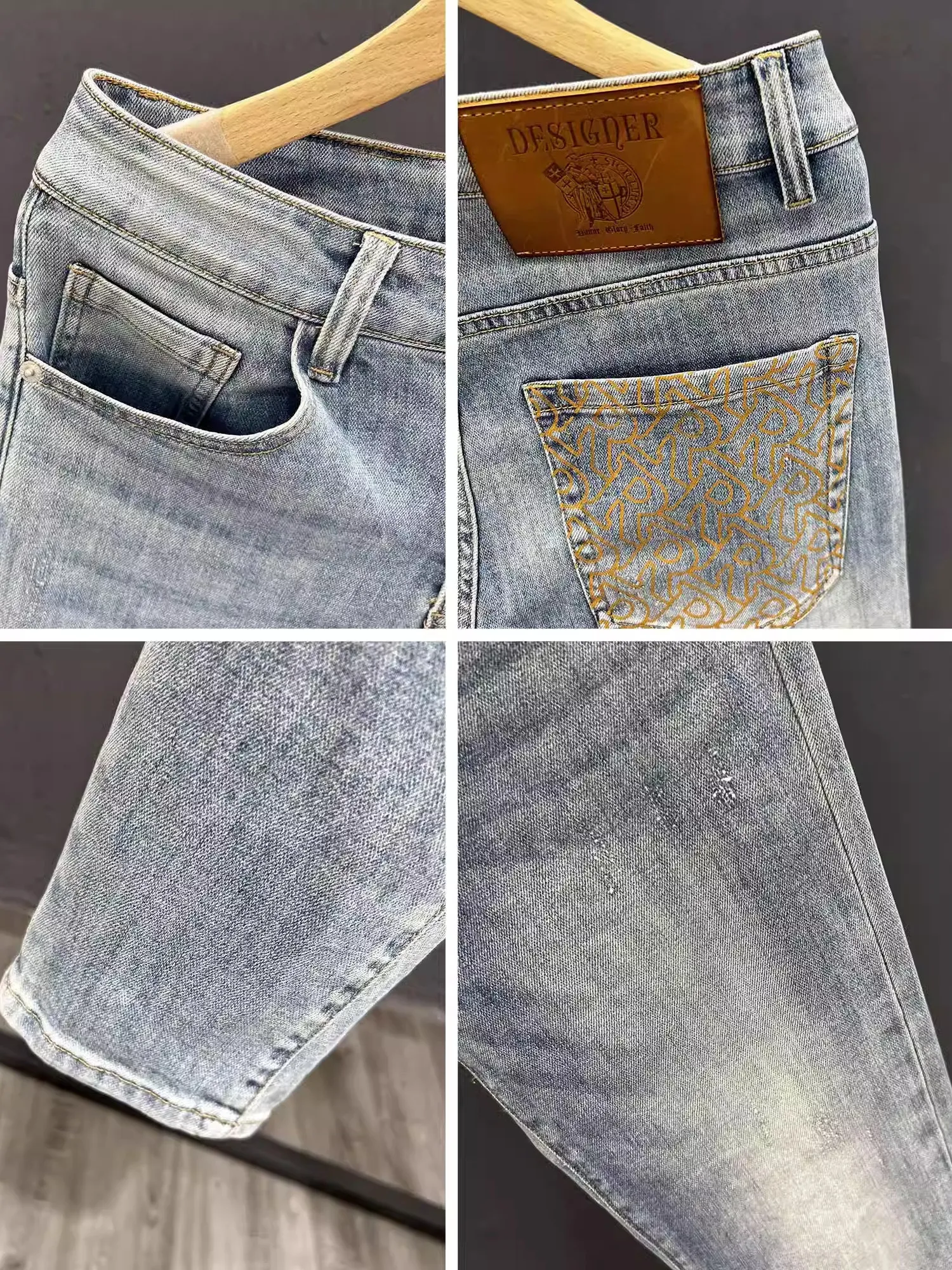 

Мужские джинсы с принтом, облегающие повседневные джинсы с эластичной резинкой на талии, светло-голубые хлопковые эластичные джинсовые брюки, модные корейские летние новые A...