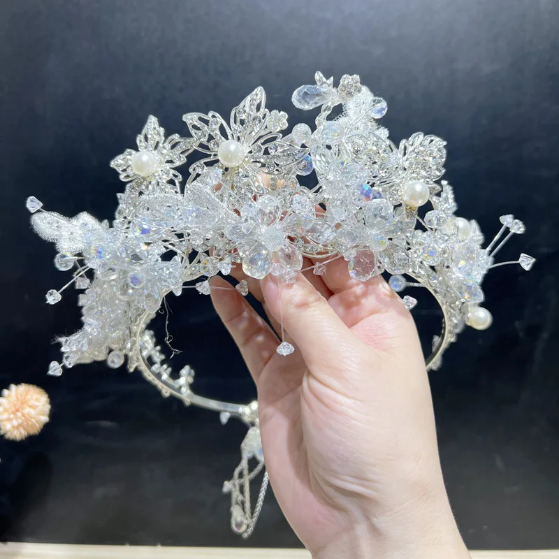 

Luxury Handmade Floral Pearls Crystal Headbands Silver Bridal Crowns Elegant Headwear Prom Hair Wear Wedding Hair Accessories