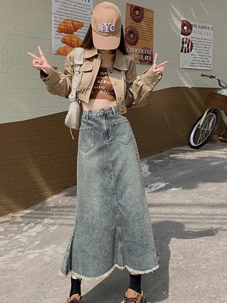 

Tassel Solid Casual Pockets Trumpet Denim Skirts Summer Button Korean Fashion Long Skirt Spring Autumn Kawaii Clothes For Women