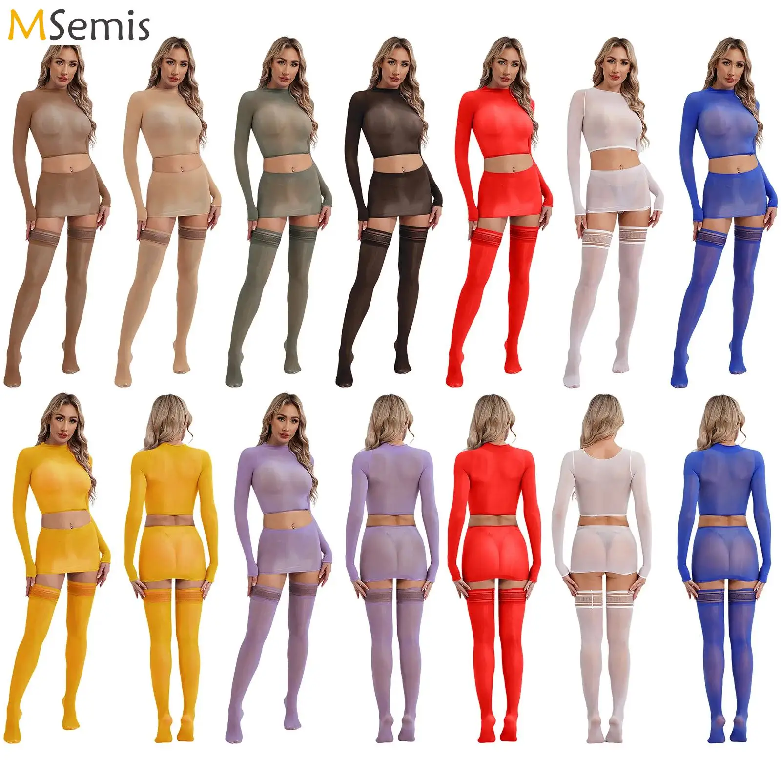 

Womens Sheer Bodysuit Tights Lingerie Set Slim Long Sleeve Tops Mini Wrap Skirt Thigh High Stockings for Evening Party Dating