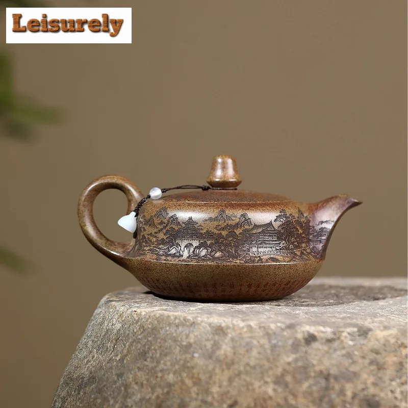 570ml Authentic Yixing Purple Clay Teapot Famous Artists Handmade Curve Pot Raw Ore Temperature Firewood Mud Kettle Zisha Teaset