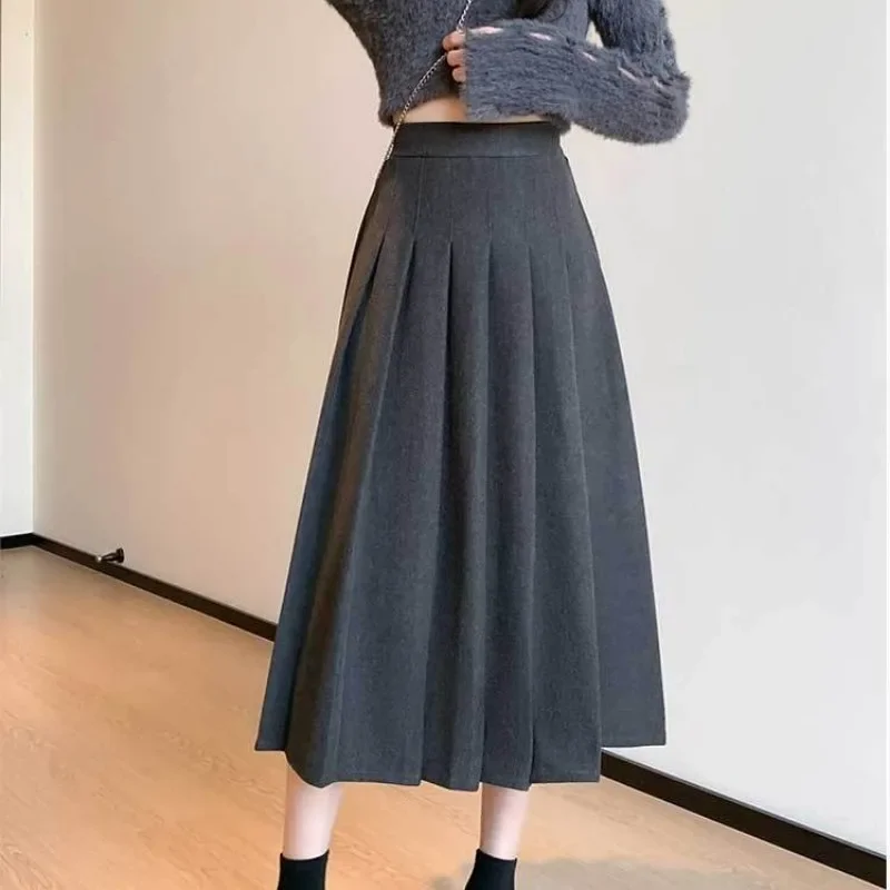 

Autumn and Winter Korean Fashion Women's Pleated Skirt High Waist A-line Woolen Skirts