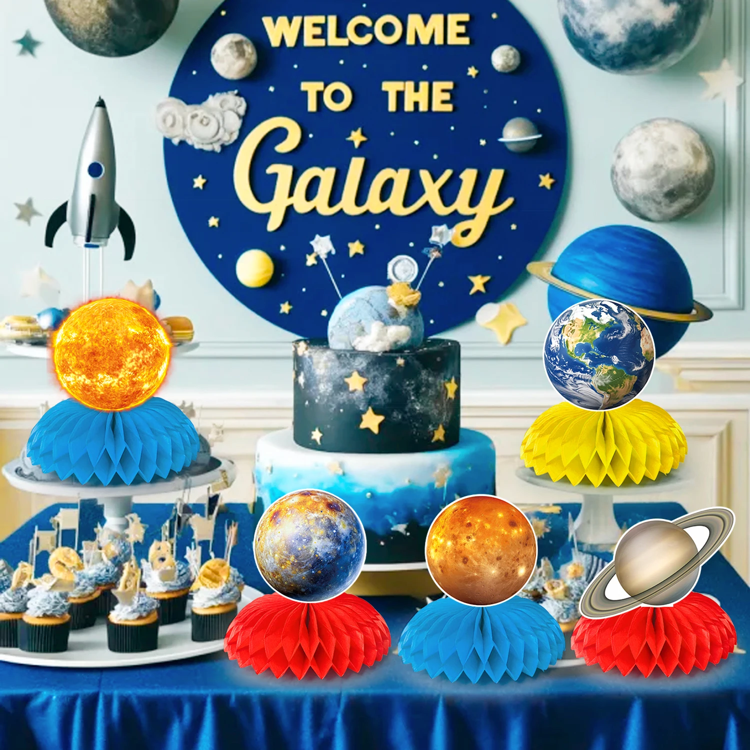9 Pcs Outer Space Themed Honeycomb Centerpiece Outer Space Party Decorations Birthday Party Table Toppers Table Decorations