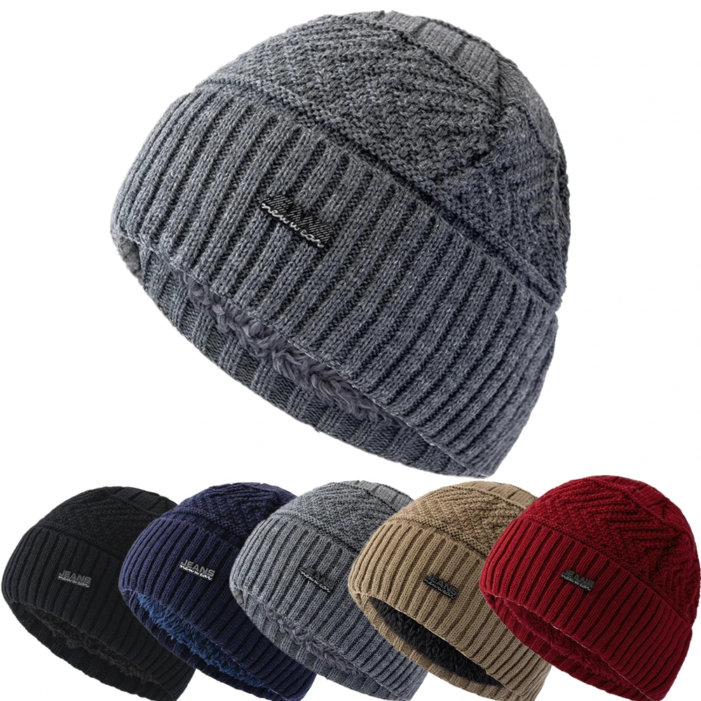 Unisex Warm Winter Hat Jeans Label Stylish Add Fur Lined Soft Beanie Hat Thick Winter Hats For Women Men Knitted Hat