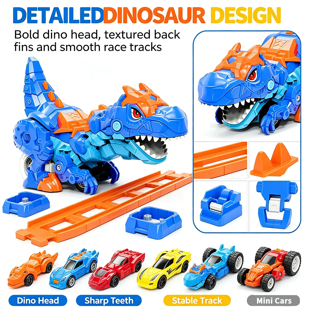 Foldable Dinosaur Transforming Race Track Launcher, 4 Shapes Multi Gameplay Stunt Car Toy, No Battery Push & Go Inertia Alloy Mini Cars Set, Christmas Party Gift for Kids, Christmas, Halloween, New Year Gifts