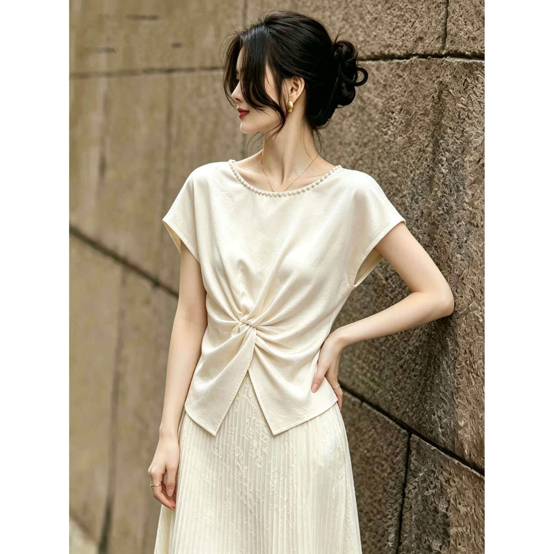 Elegance Ivory Pearl Neckline Knotted Waist Beige Top Cap Sleeve Asymmetrical Hem Casual Blouse For Women Commuted Dated Outfits