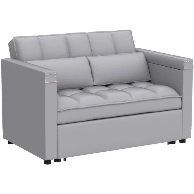 Convertible Sofa Bed, 48'' Loveseat Chaise Lounge with Adjustable Backrest and Pillows, Hidden Side Table, Small Space