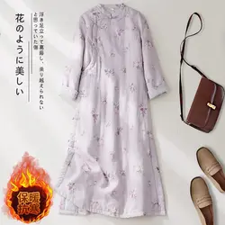 2024 Winter Retro Chinese Style Cotton And Linen Printed Dress Stand Up Collar Diagonal Quilted Qipao Long Cheongsam Dress A082