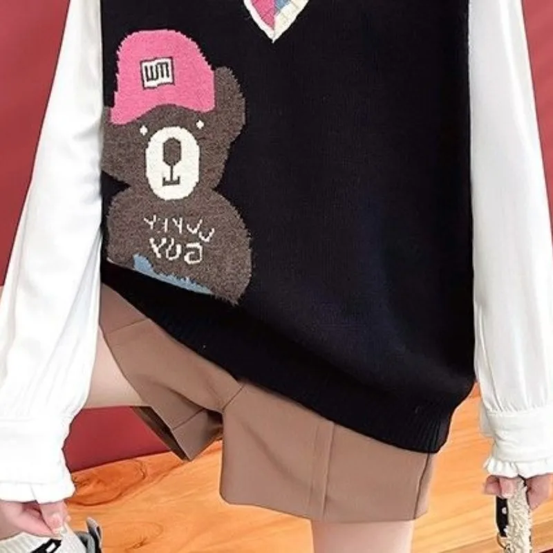 Autumn and Winter Women\'s Pullover V-neck Patchwork Cartoon Screw Thread Loose Knitted Sweater Fashion Casual Sleepless Tops