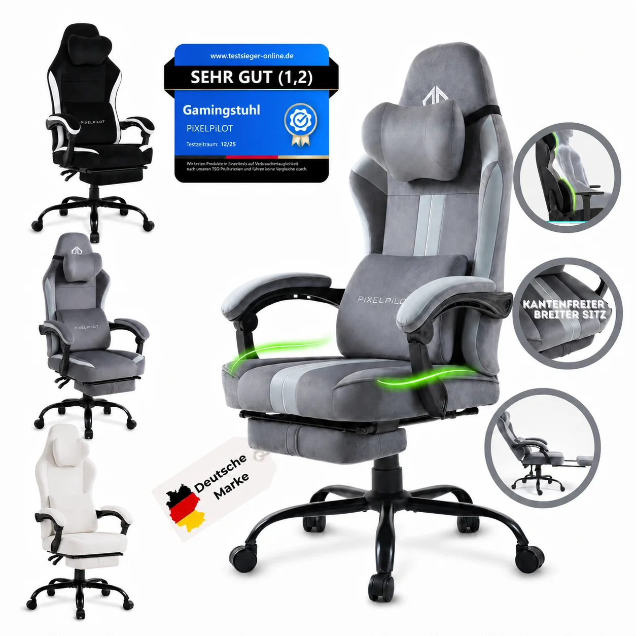 Pixel Pilot ® Chaise de jeu ergonomique [tissu respirant] avec repose-pieds, support pour la tête et les lombaires, chaise de bureau PC [siège large]