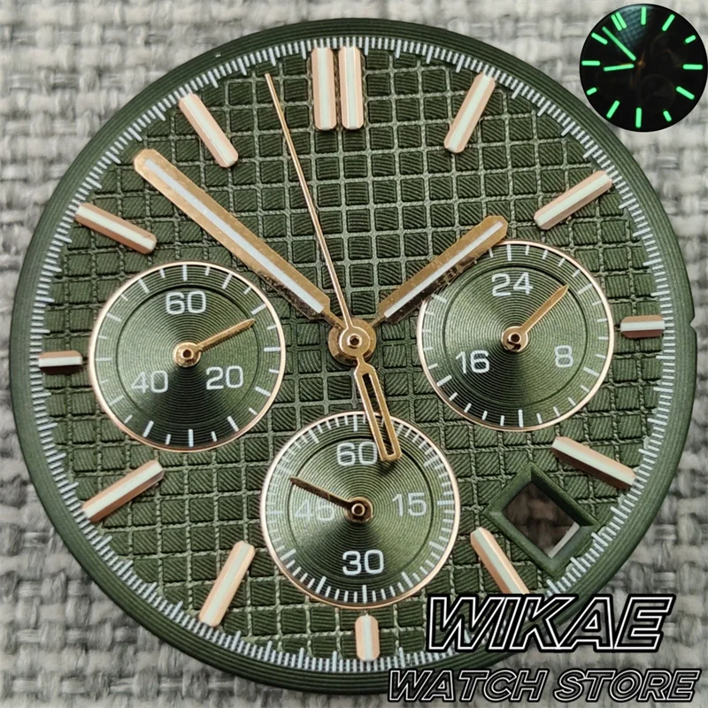 31.5mm Dark Green Blue Black VK63 Quartz Watch Dial Rose Hour Number SetFit VK63 Movement Chronograph Multi-function Watch Parts