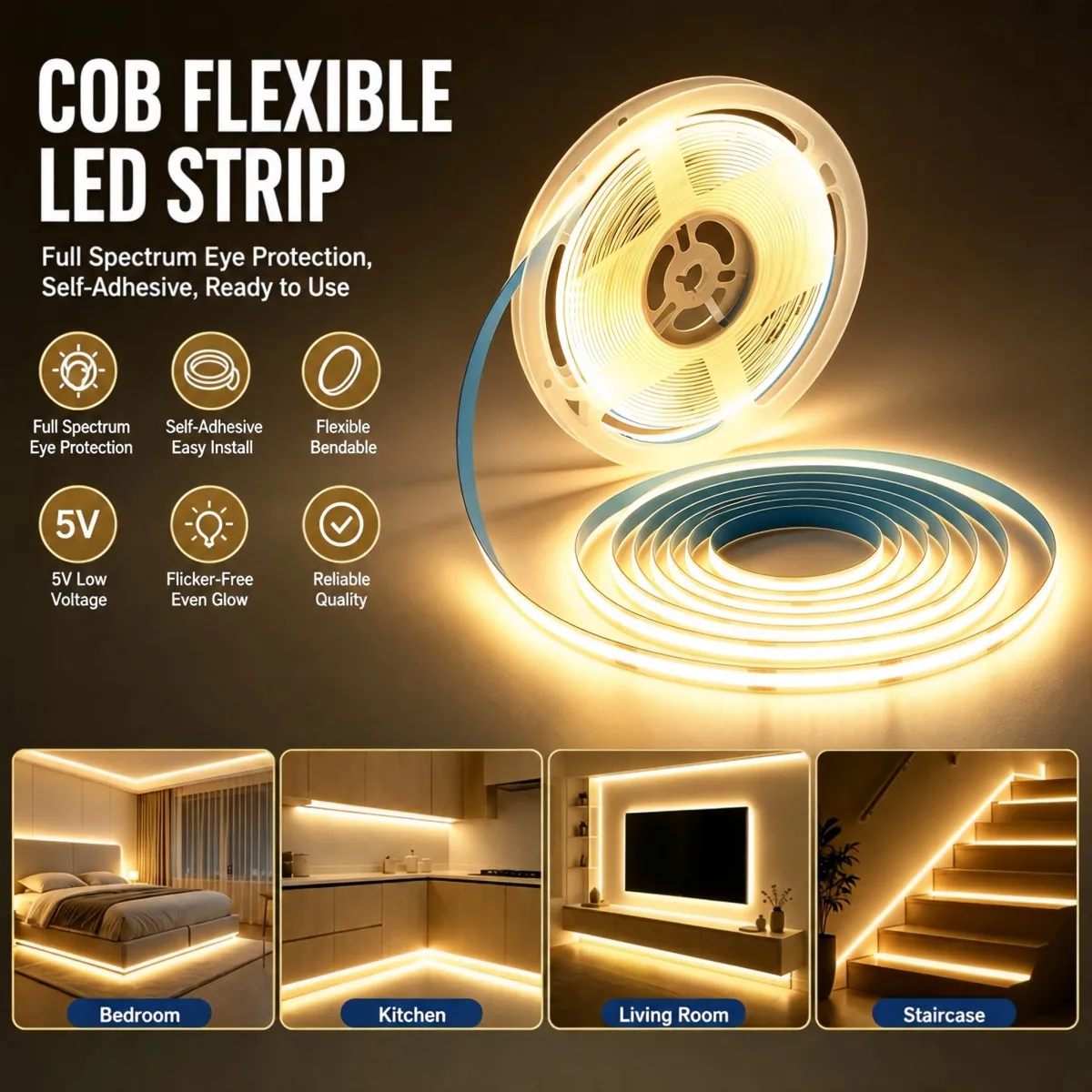 COB LED Strip Light 5V USB Touch Dimming Warm White High CRI Self-Adhesive for Wine Cabinet Wardrobe Decorative Atmosphere Light
