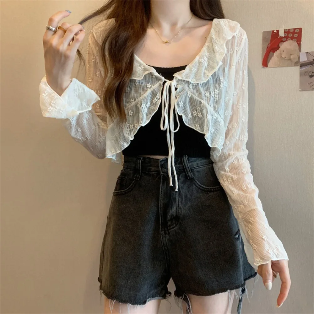 Cardigan con protezione solare sottile a fiori floreali Top con bordo arricciato Scollo a V lavorato a maglia a maniche lunghe Top con protezione solare trasparente