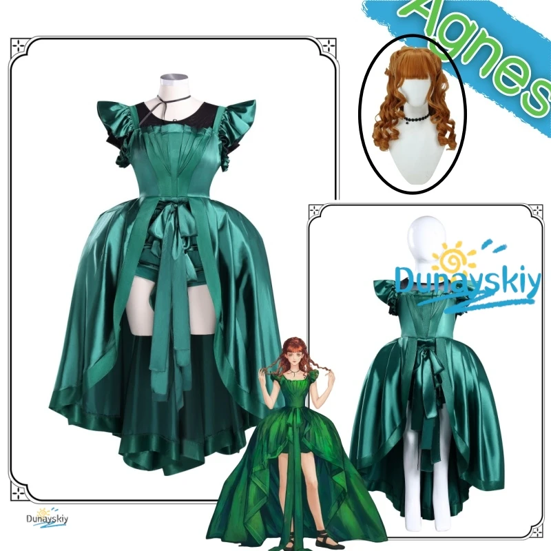 

Agnes Enid аниме косплей костюм парик в комплекте невидимое великолепное зеленое платье для девочек идеально подходит для Хэллоуина, дня рождения