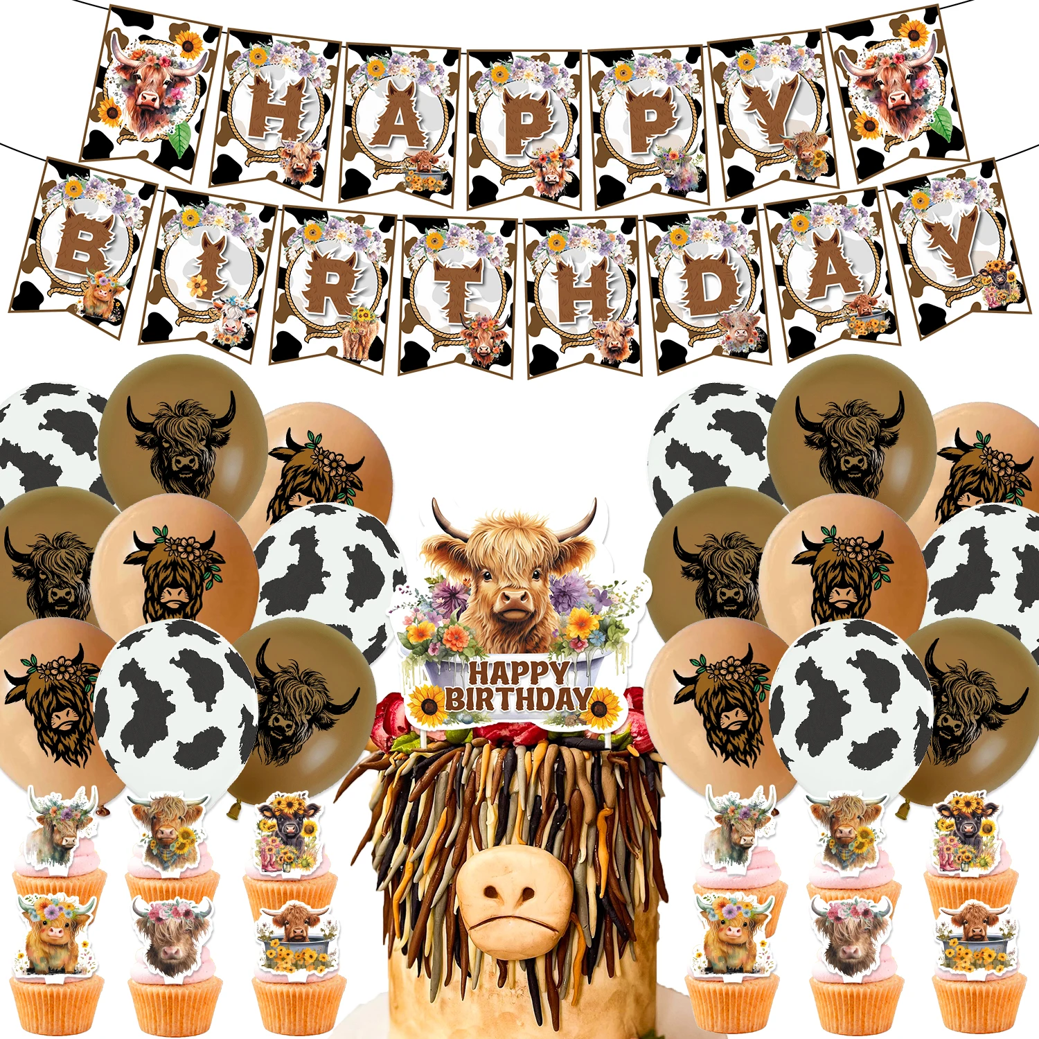 

Highland Cow Cattle Theme Birthday Party Decorations Banner CakeToppers balloons for Babyshower