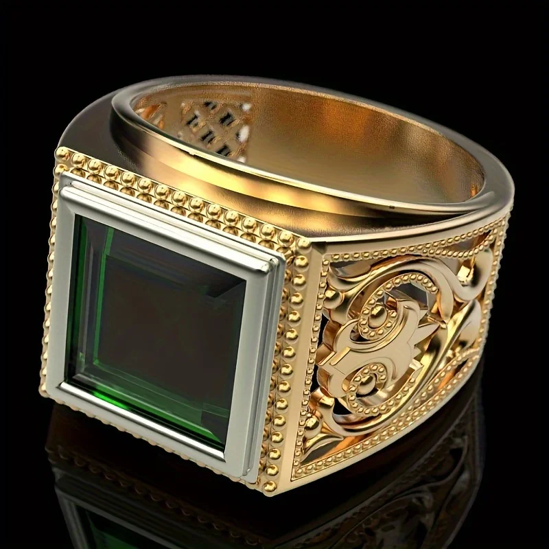 Sparkling Square Cut Green Zircon 14K Gold Plated Punk Motor Biker Ring for Men Fashion Vintage Hollow Design Turkish Jewelry