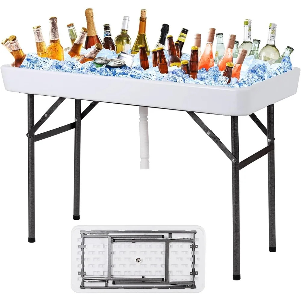 

Folding Ice Table with Drain, 4 ft Portable Cooler with Removable Skirt, No Assembly, Fill and Chill Table for Food Drink Bever