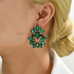Vintage Leaf Shape Earrings For Women Inlaid Shiny Glass Luxury Elegant Alloy Ear Studs Geometric Charm Fashion Simple Jewelry