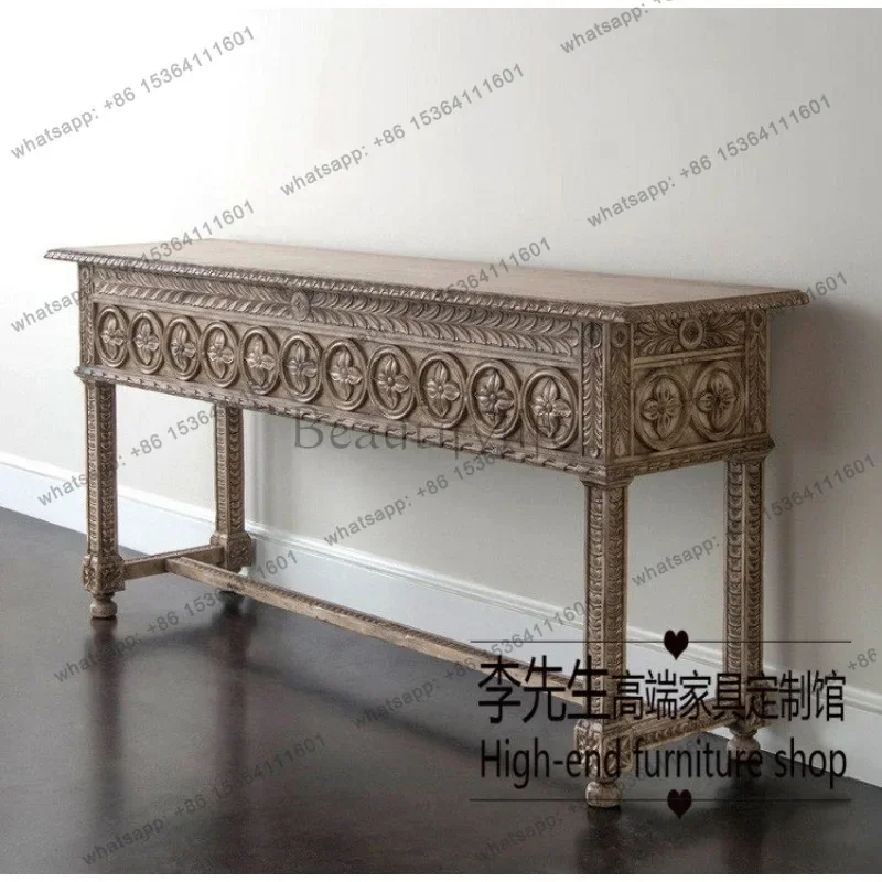 yj57 French vintage old console table, European style neo-classical solid wood carved console cabinet