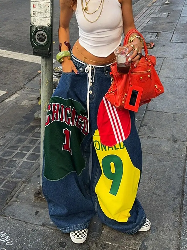 جينز فضفاض مطبوع عليه رقعة قوطي ملابس نسائية جينز هاراجوكو عتيق عالي الخصر جينز أزرق واسع الساق للنساء سروال