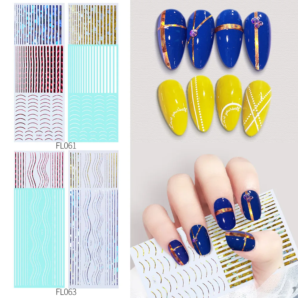 1 Pcs Lines Nail Stickers Silver Gold Nail Strip Geometric Waved Self Adhesive Papers Nail Sticker Art Striping Tape