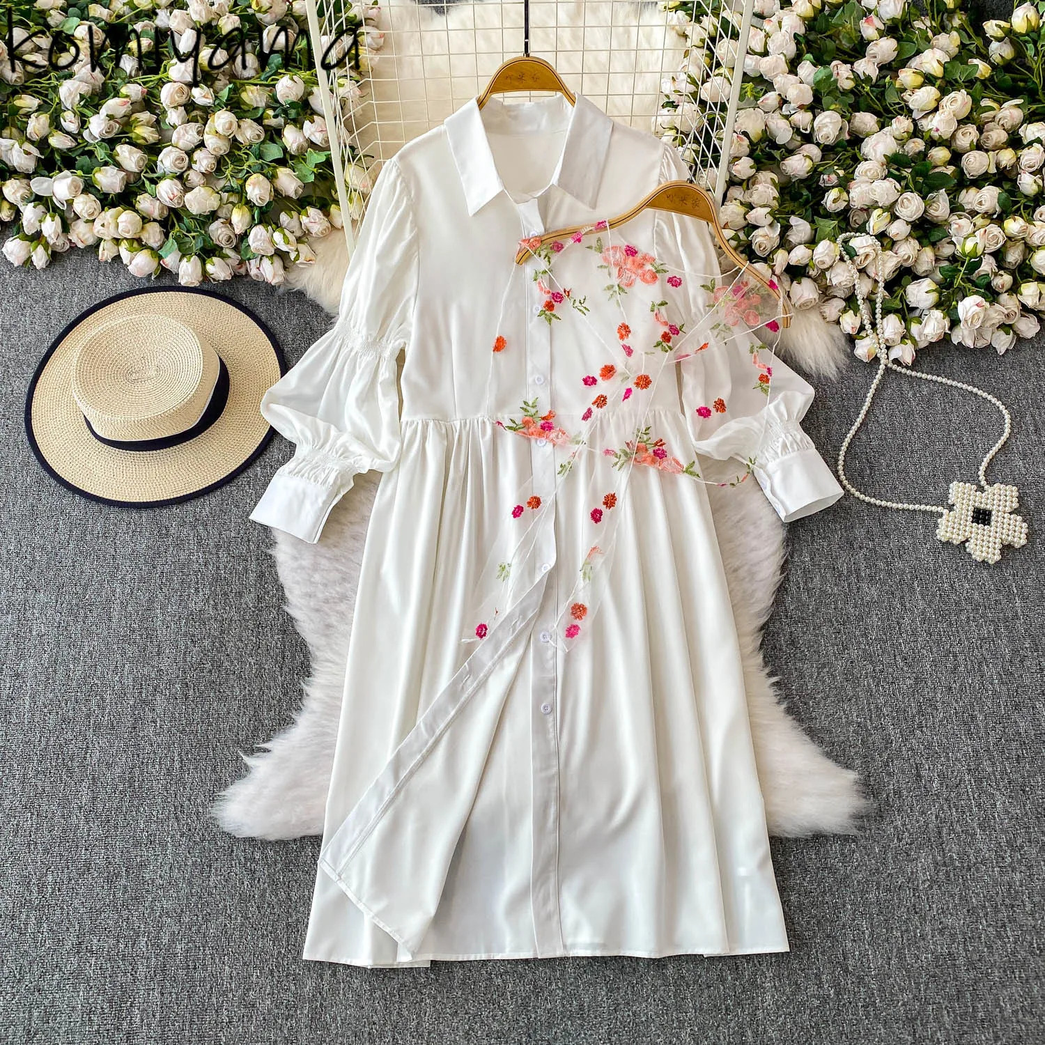 

Lantern Sleeve 2025 Vestidos Lapel Neck Woman Dress Loose Pleated Dresses Autumn Robe Ropa De Mujer Mesh Embroidered Shawl