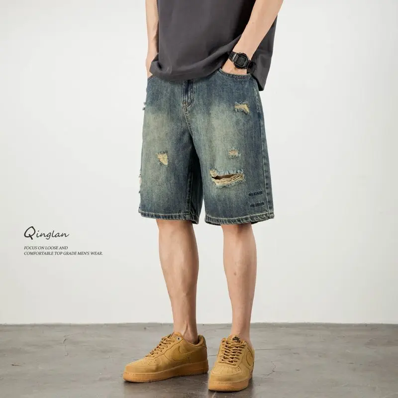 リップドアンティークストレートレッグデニムショートパンツメンズ夏新アメリカントレンディルーズワイドレッグ5点パンツ
