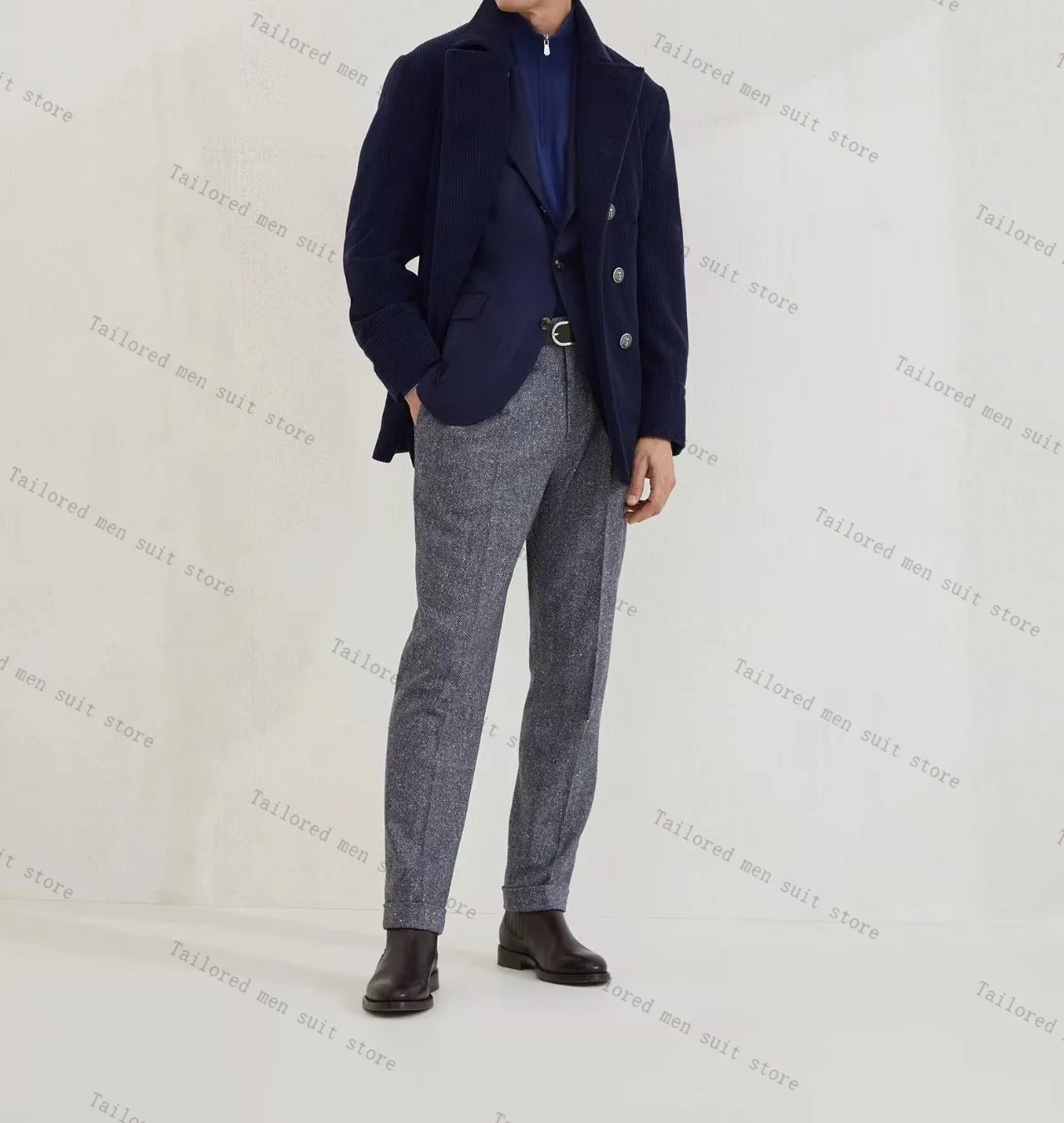 

Blue Groom Men Suits Set 2 Pcs Blazer+Grey Pants Trousers Autumn Wedding Tuxedos Customized Jacket Formal Office Prom Coat