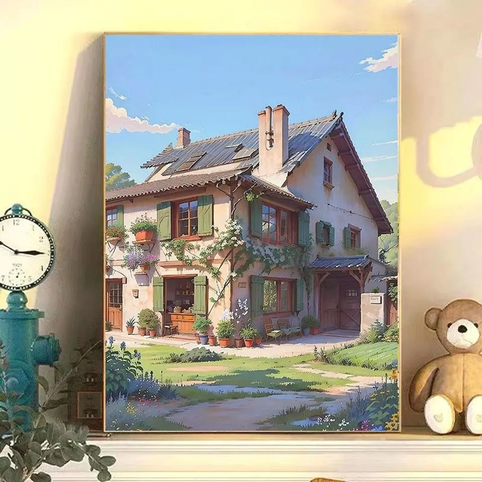 1set DIY digital oil painting, hand filled countryside retro courtyard oil painting, stress relieving healing painting