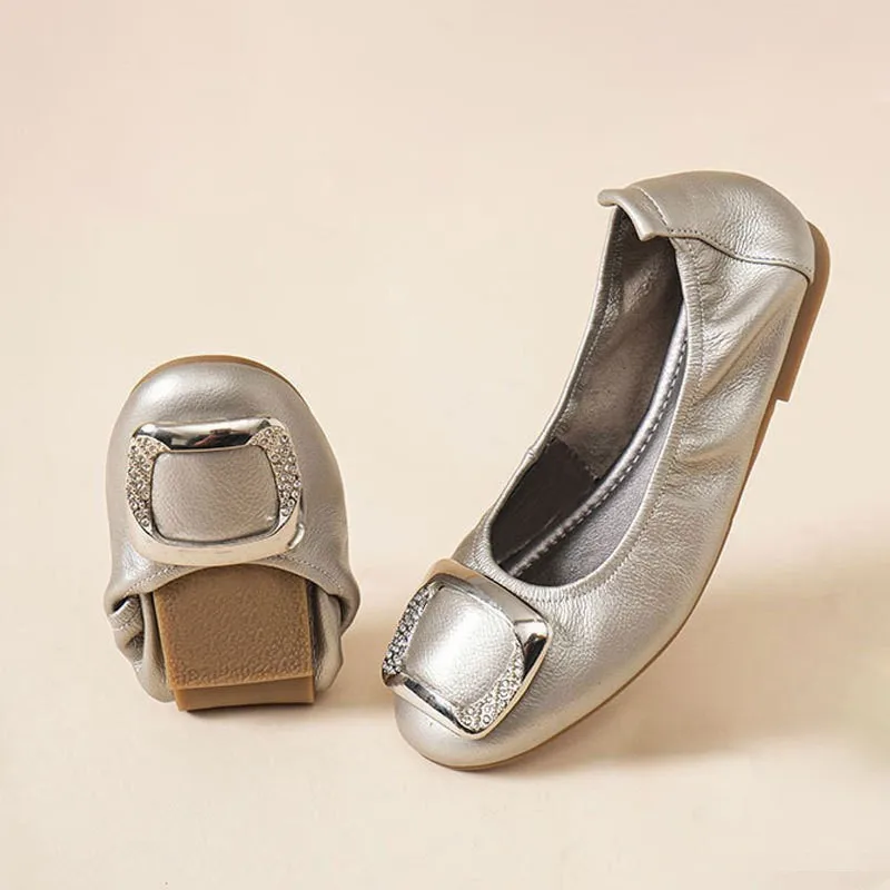 Women's Foldable Ballet Flats Leather Rhinestone Buckle Portable Slip on Shoes Travel Office Commute Walking Comfort Flat Shoes