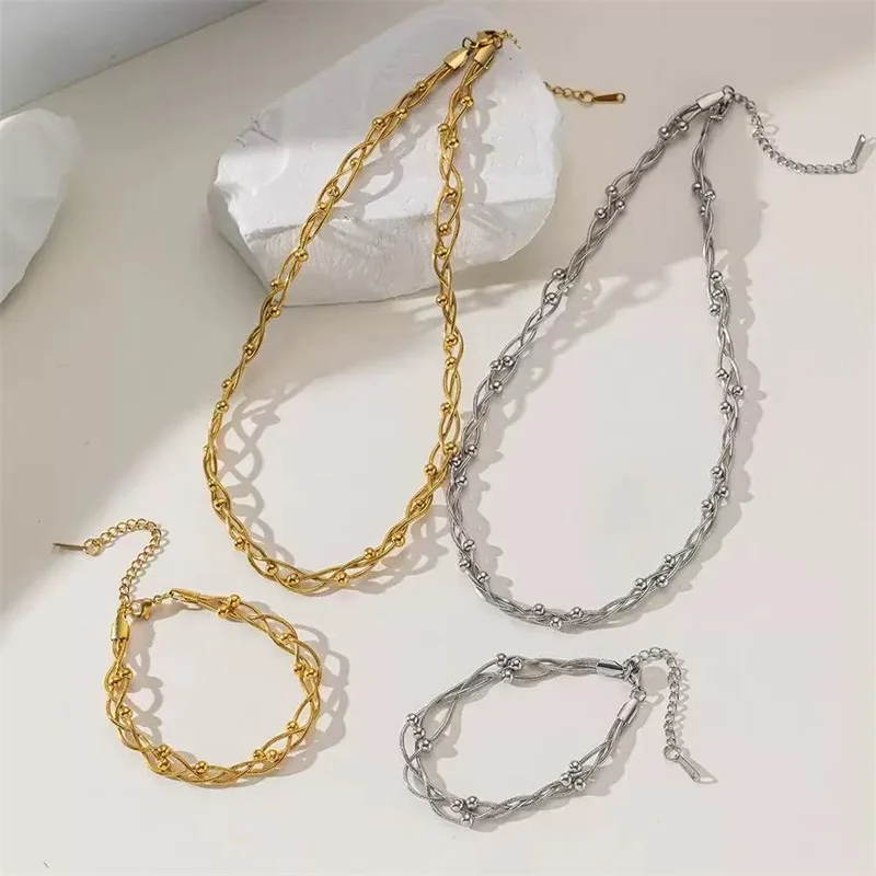 EILIECK 316L Edelstahl Silberfarben Perlen-Wickelketten-Halsketten-Armbänder-Set für Damen Trendiger Wasserdichter Schmuck Geschenk – Detail 14