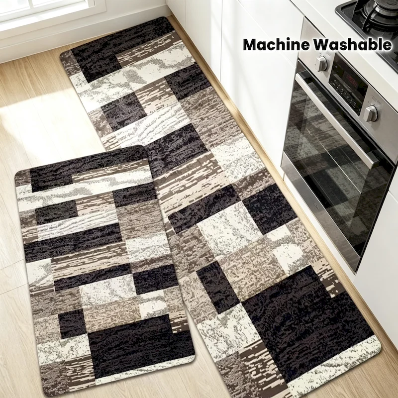 VIKAMA brown black geometric floor mat, kitchen anti slip carpet, modern neutral color printed floor mat, home decoration