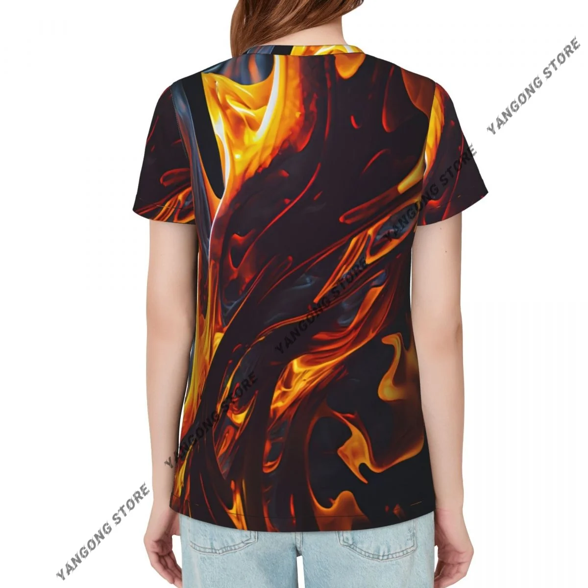 Women Short Sleeve Top Fire Texture Flames T-shirt Fashion Summer Female Tops Loose Round Neck T Shirt