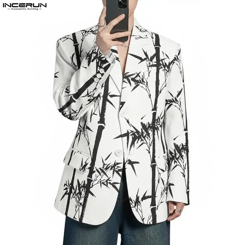 

INCERUN мужской пиджак с принтом на лацканах и длинными рукавами на пуговицах, мужской костюм, уличная одежда, свободная весна 2026, модные повседневные тонкие пальто, мужские S-5XL