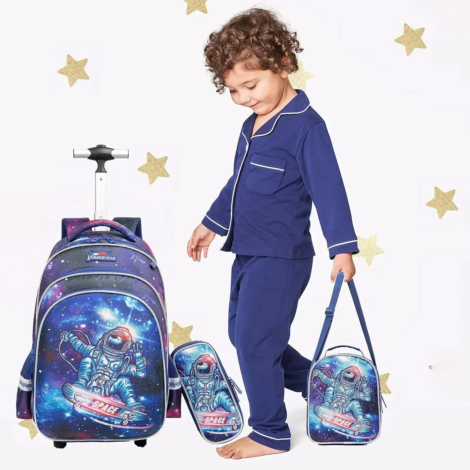 Children Trolley Backpack Wheeled Bag with Wheels Roller Luggage Backpacks on Wheels Astronaut Rolling for Boys School Bag Set