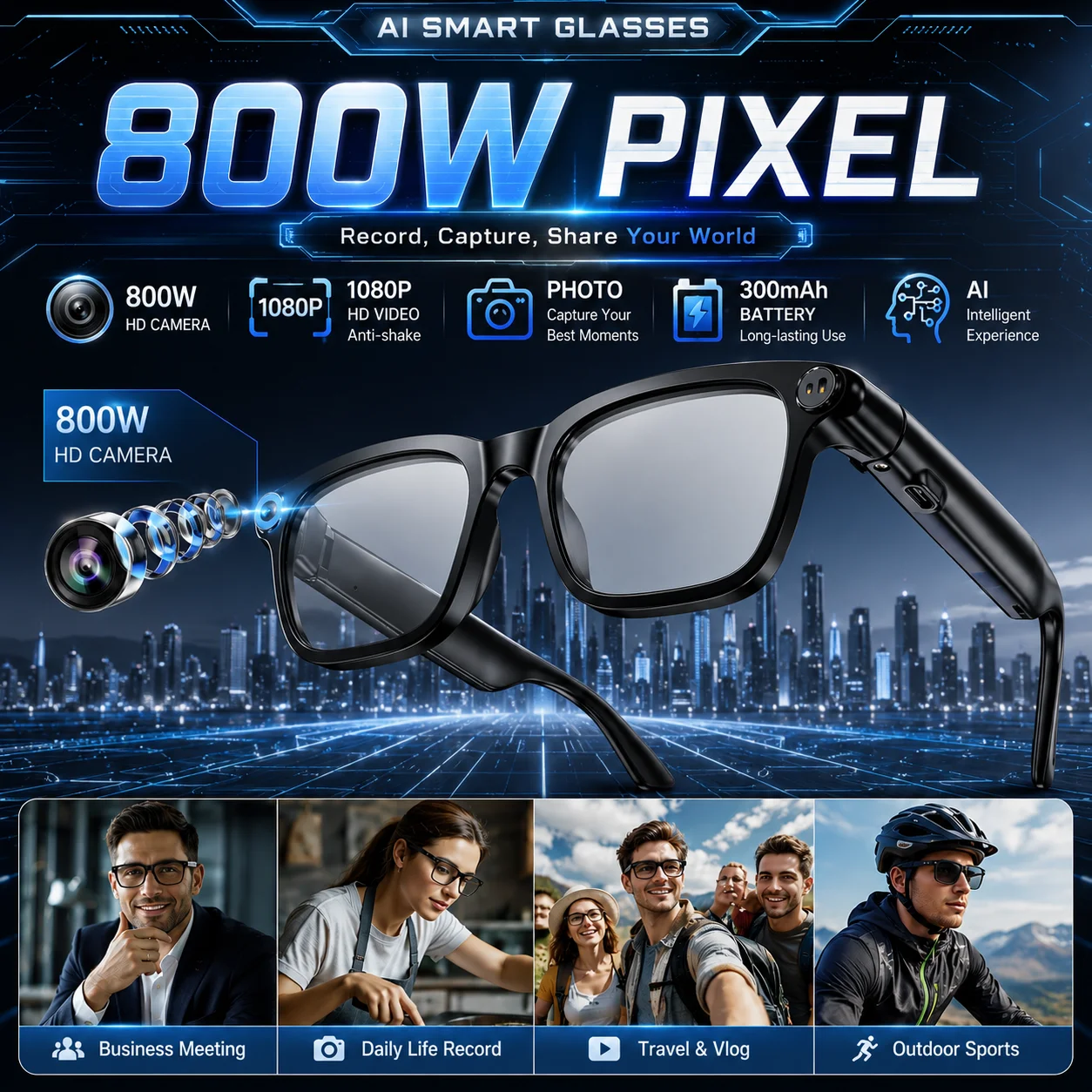 

LIGE New 800W Pixels Smart Camera Glasses Anti-shake 1080P Video Record Bluetooth Call Intelligent Translation Smart Sunglasses