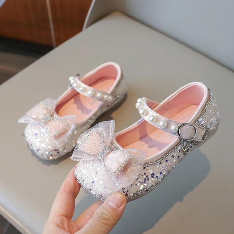 

Spring Girls Party Shoes Bling Sequins Kids Leather Shoe Fashion Sweet Wedding Versatile Children Princess Shoes Toddlers Flats